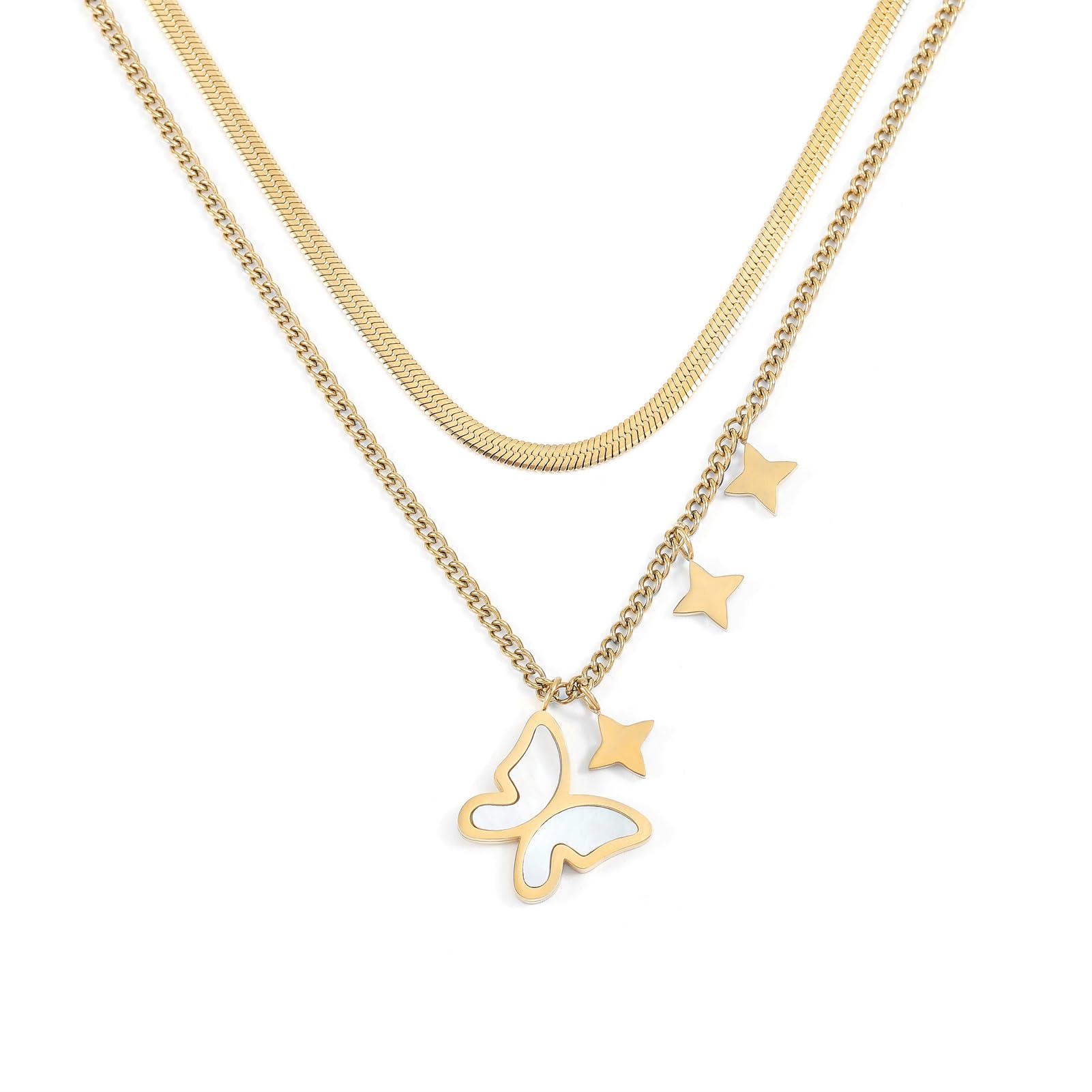 JUNVirtuousButterfly Necklace for Women, Gold Plated Layered Choker Set with Adjustable Length,Butterfly Pendant Necklace Simple Jewelry Gift for Women Girls