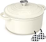Enameled Cast Iron Dutch Oven - Umite Chef 5QT Pot with Lid & Cotton Potholders - Heavy-Duty Cookware for Bread Baking, Braising, Stews, Roasting(Cream White)