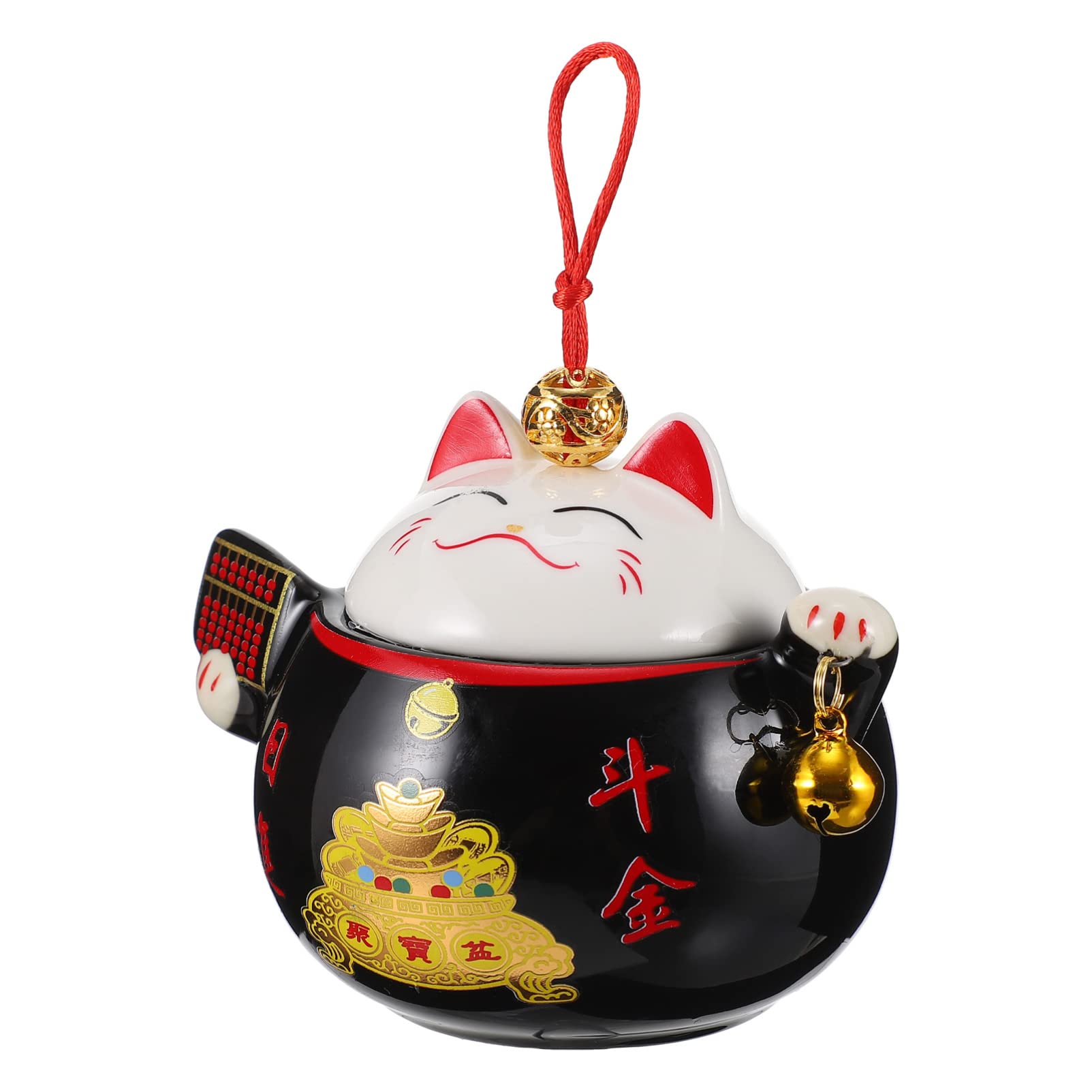 XTRANSFJapanese Tea Canister Tin Ceramic Lucky Cat Loose Tea Container Handmade Tea Storage Jar Portable Maneki Neko Fengshui Hanging Decor for Coffee Spice Nuts Snacks Black