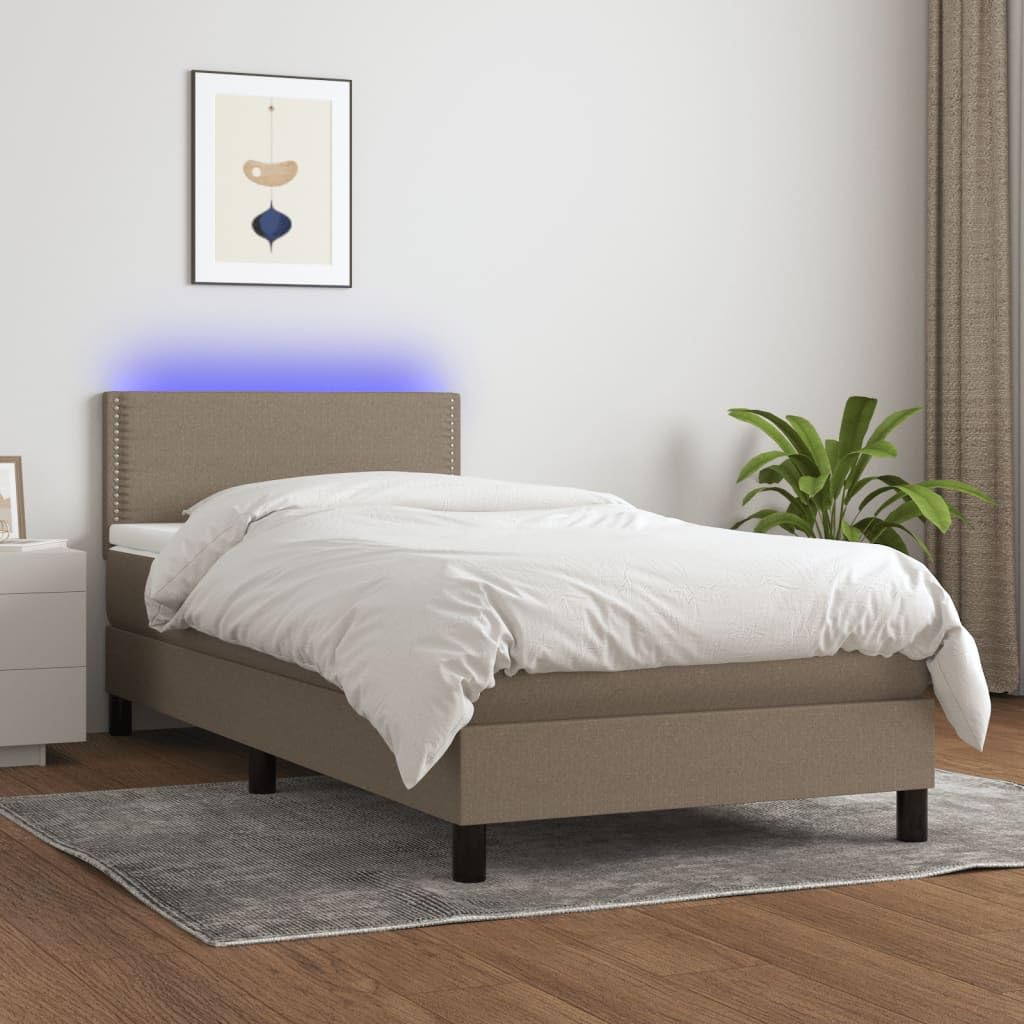 Cama individual con somier, 90 x 190 cm, en color topo con luces LED, cabecero de altura ajustable, colchón de muelles ensacados y cubrecolchón para jóvenes invitados dormitorio