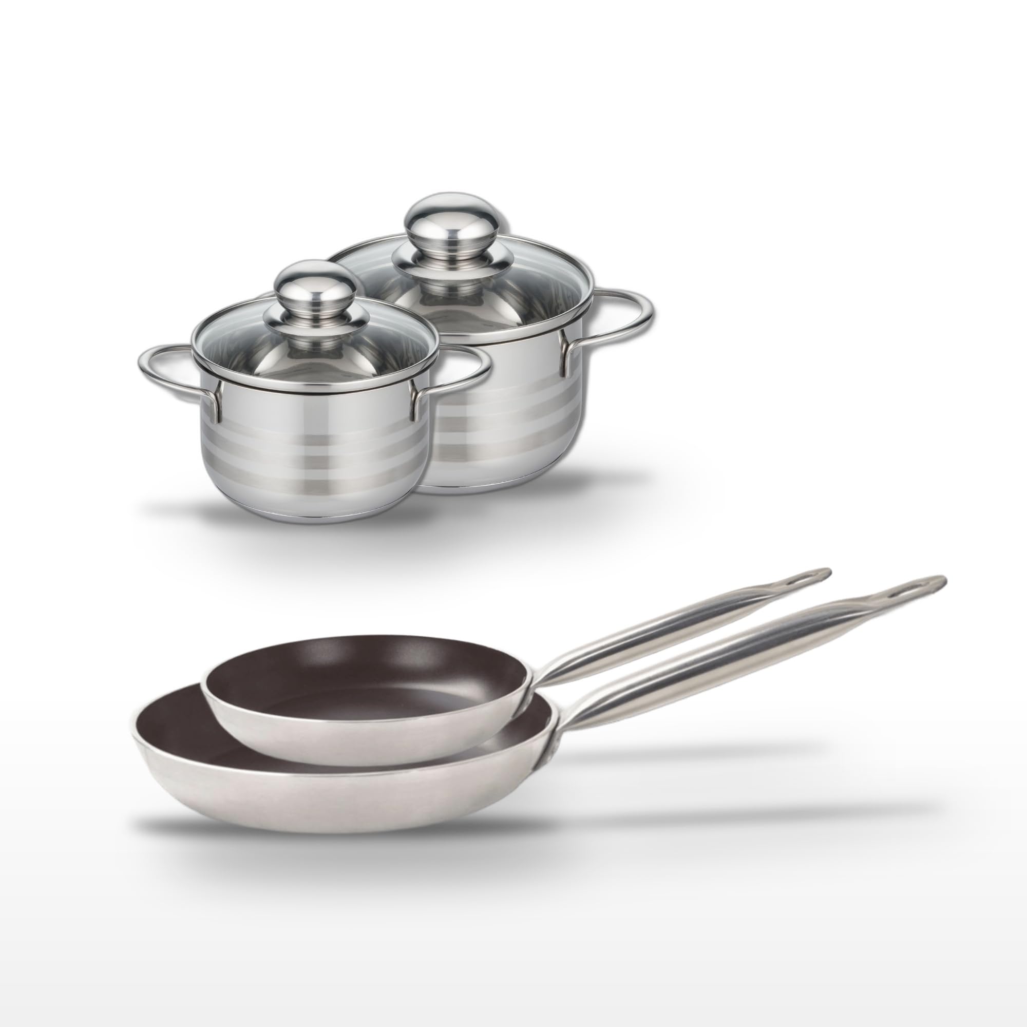 Elo Batterie cuisine 2 poêles 24/28 cm et 2 faitouts 14/16 cm | Cuisson variée avec un seul lot, 4 pièces pour équiper vos bases, Poêles 24 et 28 cm, Faitouts 14 et 16 cm, Aluminium et inox