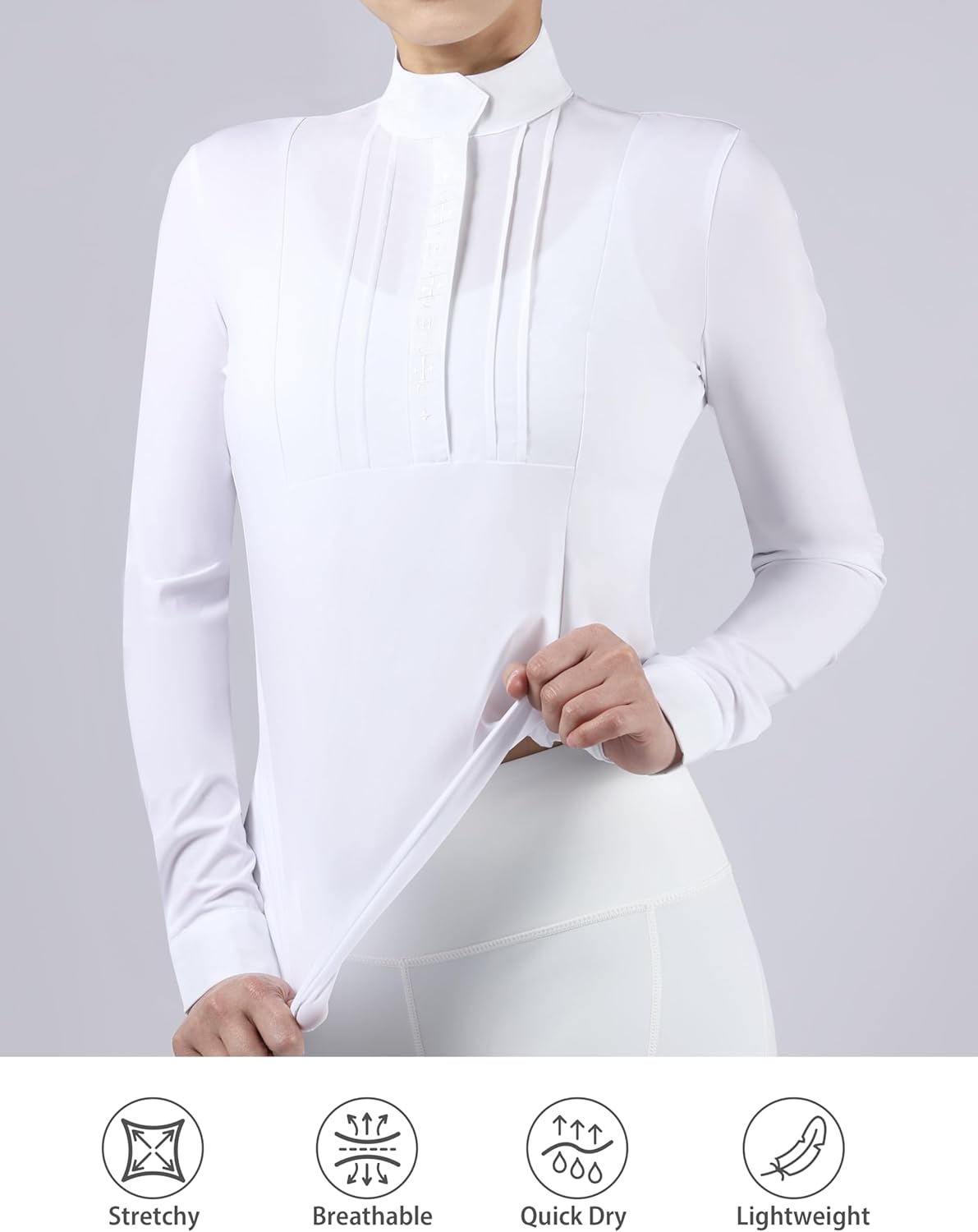 Harrison Howard Women’s Equestrian Show Shirt Long Sleeve Pleated Bib Competition Horse Riding Top with Embroidery