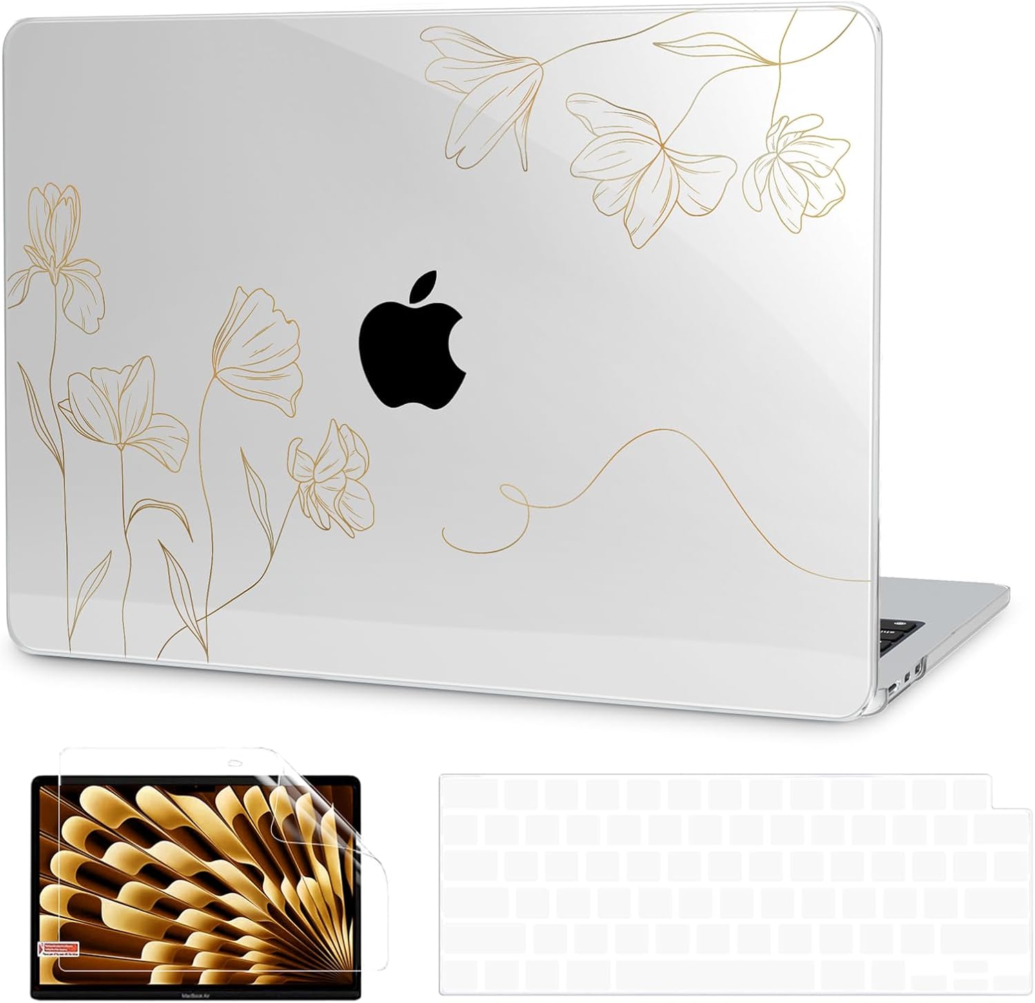 G JGOO Compatible with MacBook Air 13 inch Case 2025 2024 2023 2022 M4 A3240 M3 A3113 M2 A2681, Clear Plastic Hard Shell for MacBook Air 13.6 inch Case + Keyboard Cover + Screen Protector, Gold Floral Golden Floral