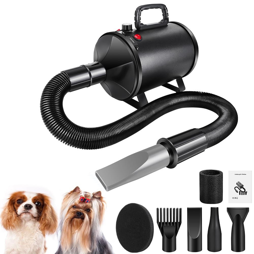 AUTOFU Secador profesional para perros, secador de pelo para mascotas, 3500 W, con velocidad y calor ajustables, 4 boquillas diferentes y manguera elástica