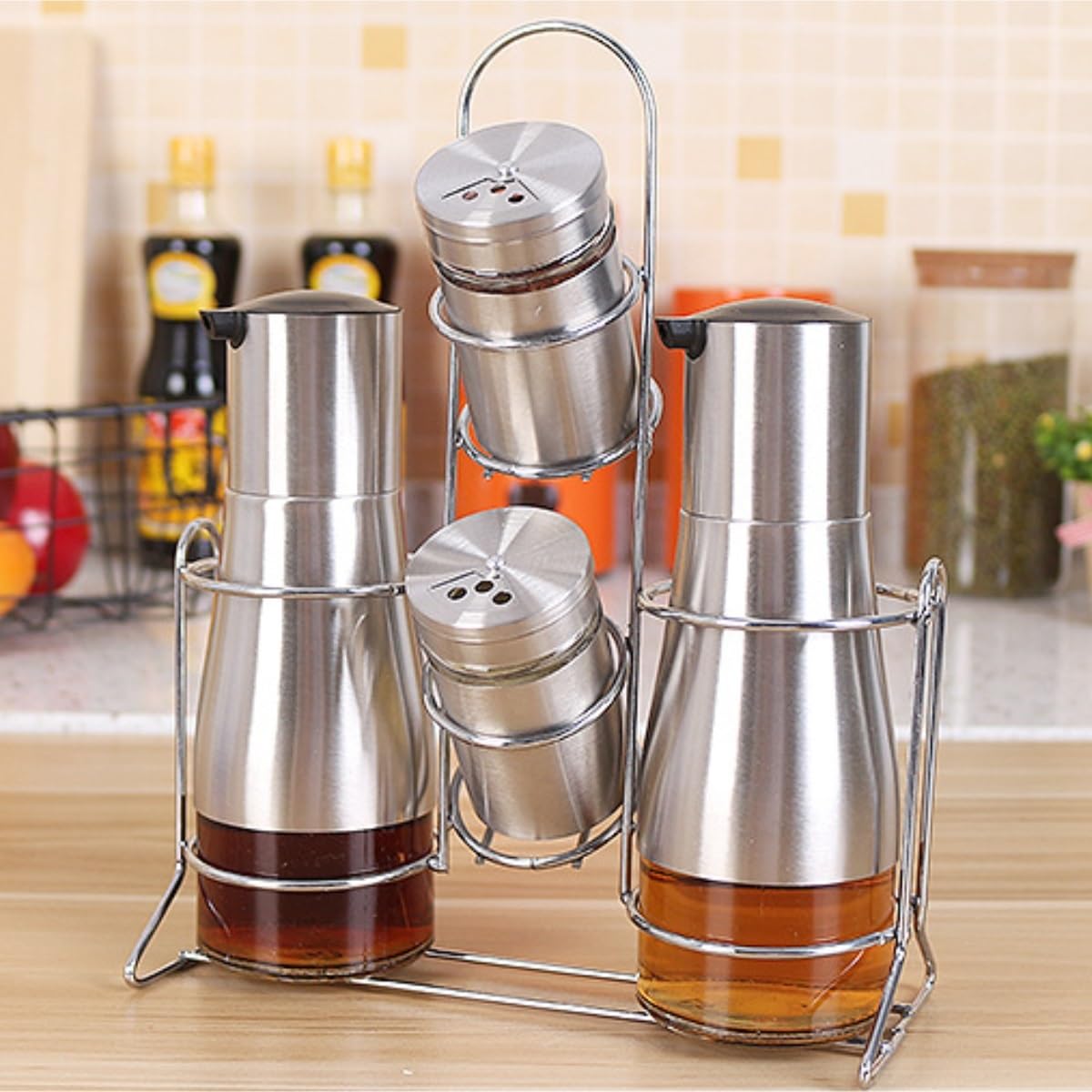 Camping Bouteille Huile Et Vinaigre Bouteille D'assaisonnement Liquide en Verre Épais Acier Inoxydable for Cuisine À Domicile avec Ensemble D'étagères Pique-Nique Plein Air