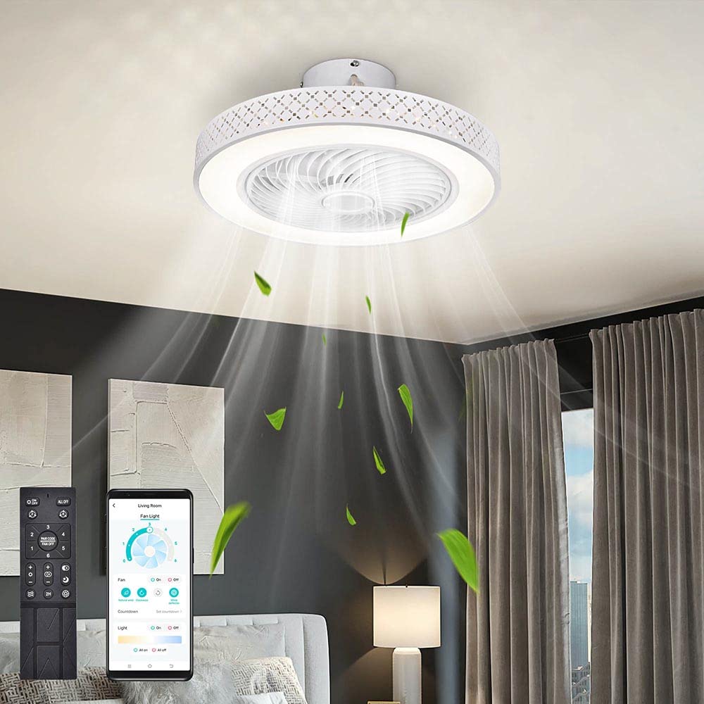 DELight Ceiling Fan Light Kits Modern Enclosed Dimmable Ceiling Fan Lighting APP & Remote Control 20 Inch Reversible Bladeless Flush Mount for Kitchen Bedroom