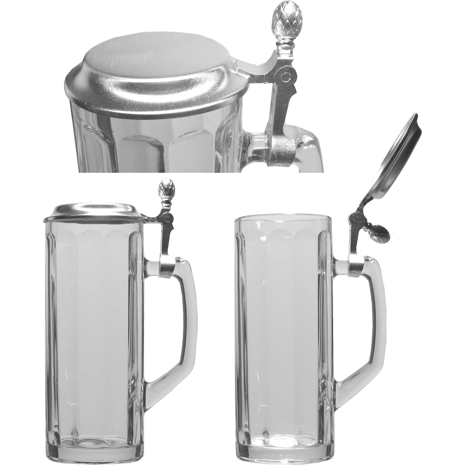 Generisch 1 Bierseidel Bierkrug aus Glas Bierglas mit Henkel, geriffelt, Zinndeckel, 0,5 Liter geeicht mit Füllstrich