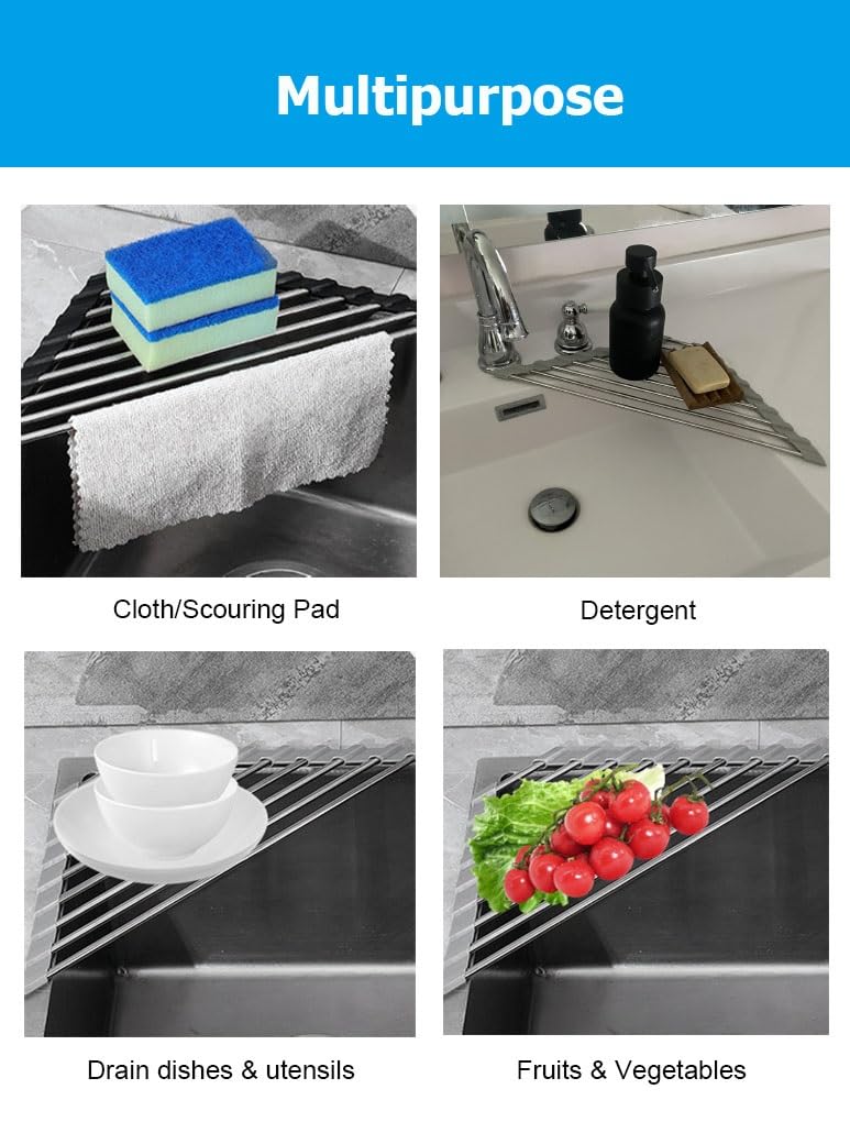 Escurridor de Platos Triangular Plegable de Acero Inoxidable para Esquinas pequeñas de Fregadero, Alfombrilla escurridora para Colocar sobre el Fregadero de la Cocina.