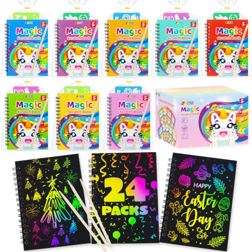 JOYIN 24 Pack Rainbow Scratch Art Notebook Bulk Party Favors for Kids 4-8 Paper Art Crafts Kit Goodie Bags Stuffers for Kids 3-12 Return Gifts for Birthday Party Classroom Prizes for Students