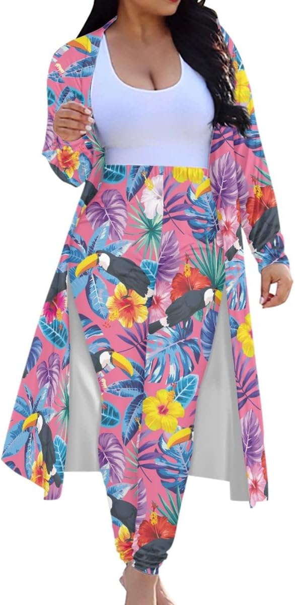 KIDVOVOU Women 2 Piece Outfits Tropical Floral Print Long Sleeve Hawaiian Cardigan High Waist Long Pants Set