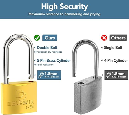 Miniatura 4 de DELSWIN Candado resistente a la intemperie con llave (llave maestra) - Candado de latón macizo resistente para casilleros con grillete largo de