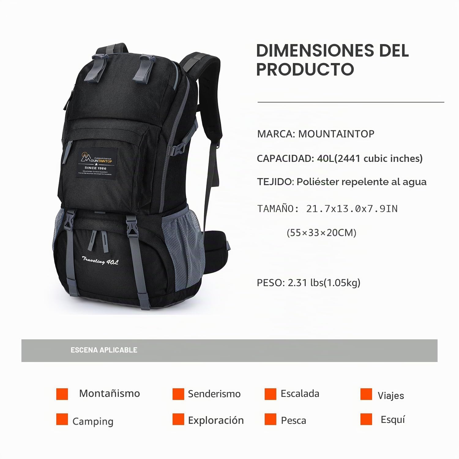 MOUNTAINTOP Mochilas Senderismo 40 litros Mujer Hombre Mochila de Trekking Mochila Montaña al Aire Libre Impermeable para Viaje Acampadas 33x22x55 cm