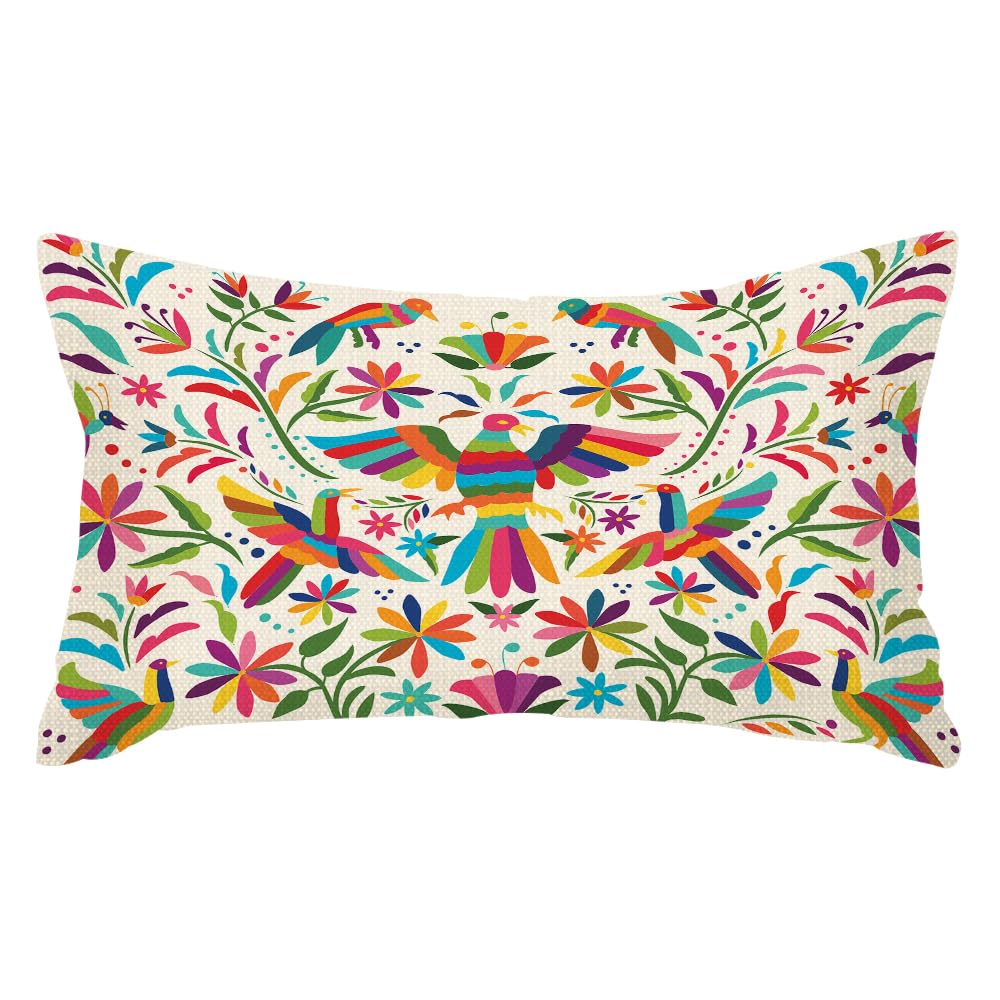 Throw Pillow Covers Otomi Birds Mexican Otomi Floral Flowers Pillow Cases Cotton Linen Waist Lumbar Cushion Cover Sofa Home Decorative Rectangle 12x20 Inches