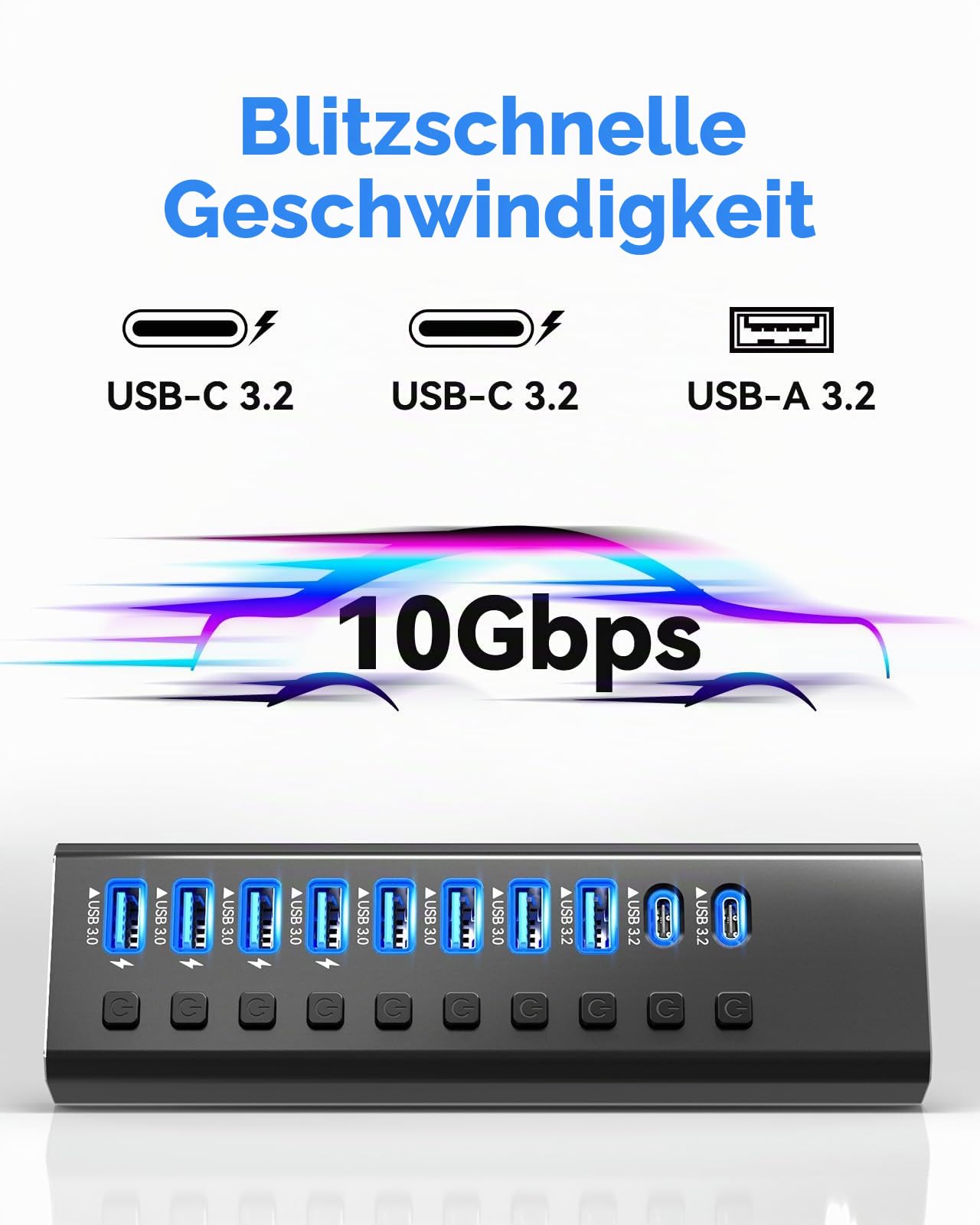 Powered USB Hub 3.2, 10-Port USB3.2/USB C Hub (10Gbps USB-A 3.2 +2 USB-C 3.2 +7 USB 3.0 Ports) mit individuellen EIN/Aus-Schaltern und 12V Power Adapter, Aluminium USB Hub Powered für Laptop PC