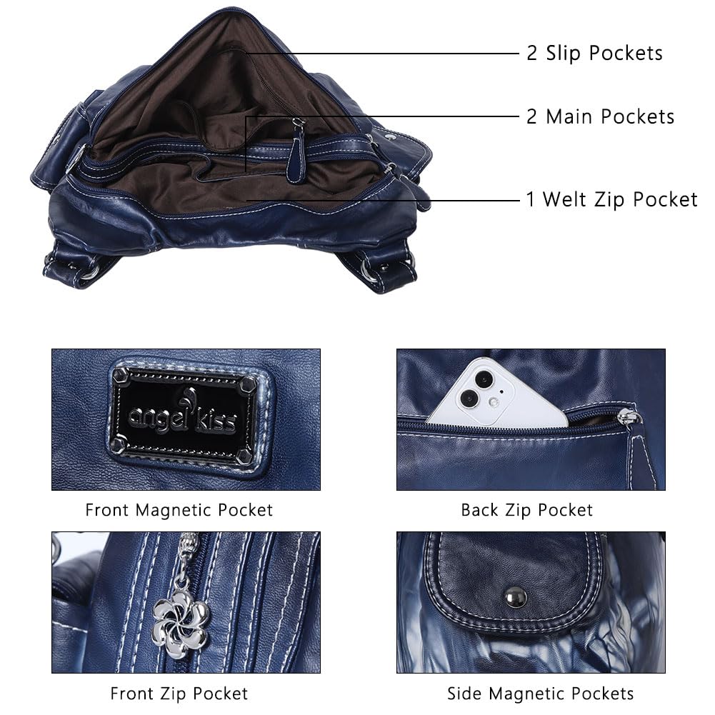 Angel Kiss Bolsos de hombro para mujer, de piel lavada, con múltiples bolsillos