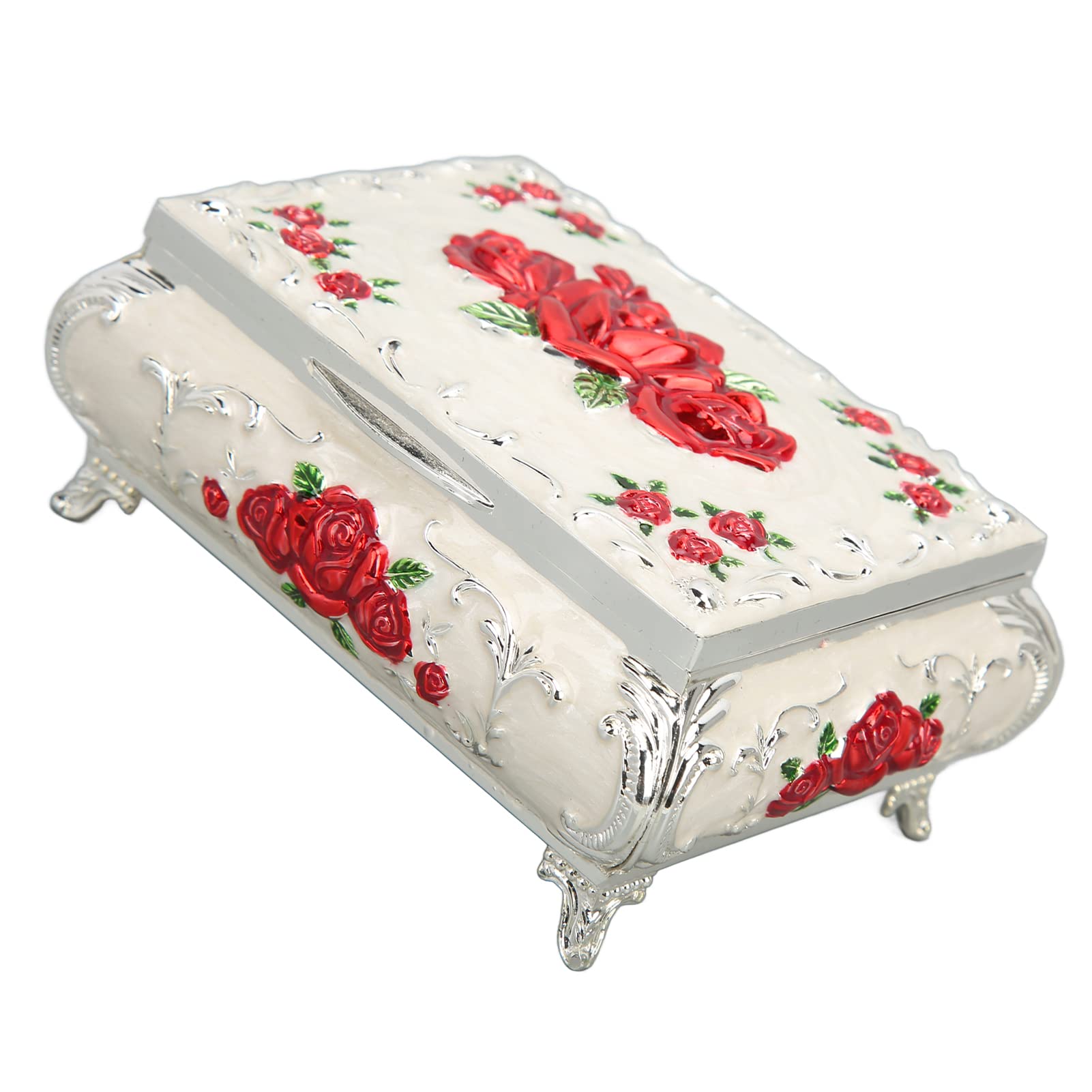 HLHLH Rectangular Rhinestone Metal Trinket Box with Embossed Floral Design(Medium Silver White Red Rose)