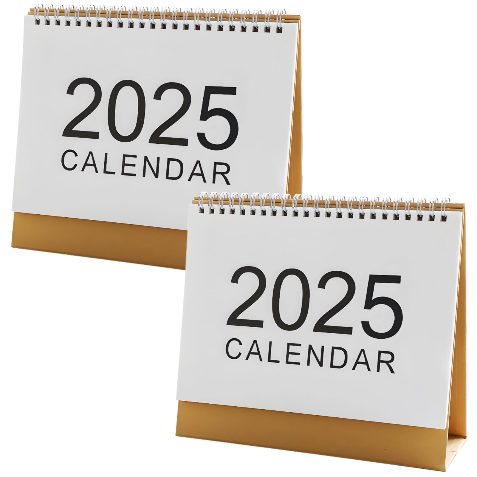 Mini calendario da scrivania 2025, confezione da 2, semplice planner mensile con design a spirale e base marrone, grande frontale 2025, stile minimalista bianco, ideale per uso ufficio, pianificazione