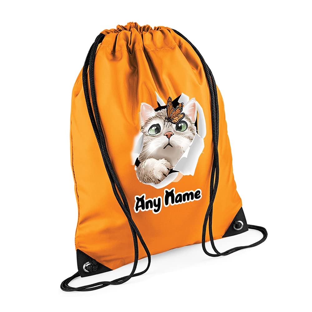 Personalised Butterfly on Cat face Hidden Cat Funny Kitten Cat Birthday Gift Drawstring Bag, PE Gym Kit, Swimming Rucksack. (Orange)