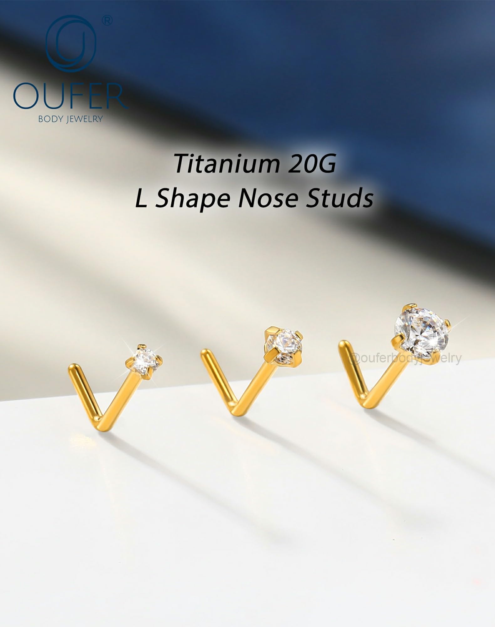 OUFER Body Piercing Nose Studs: 5PCS 20G Titanium Nose Bar L Shaped Nose Rings, 6 mm Gold Nostril Piercing Jewelry Cubic Diamond Thin Body Jewellery for Women - 2