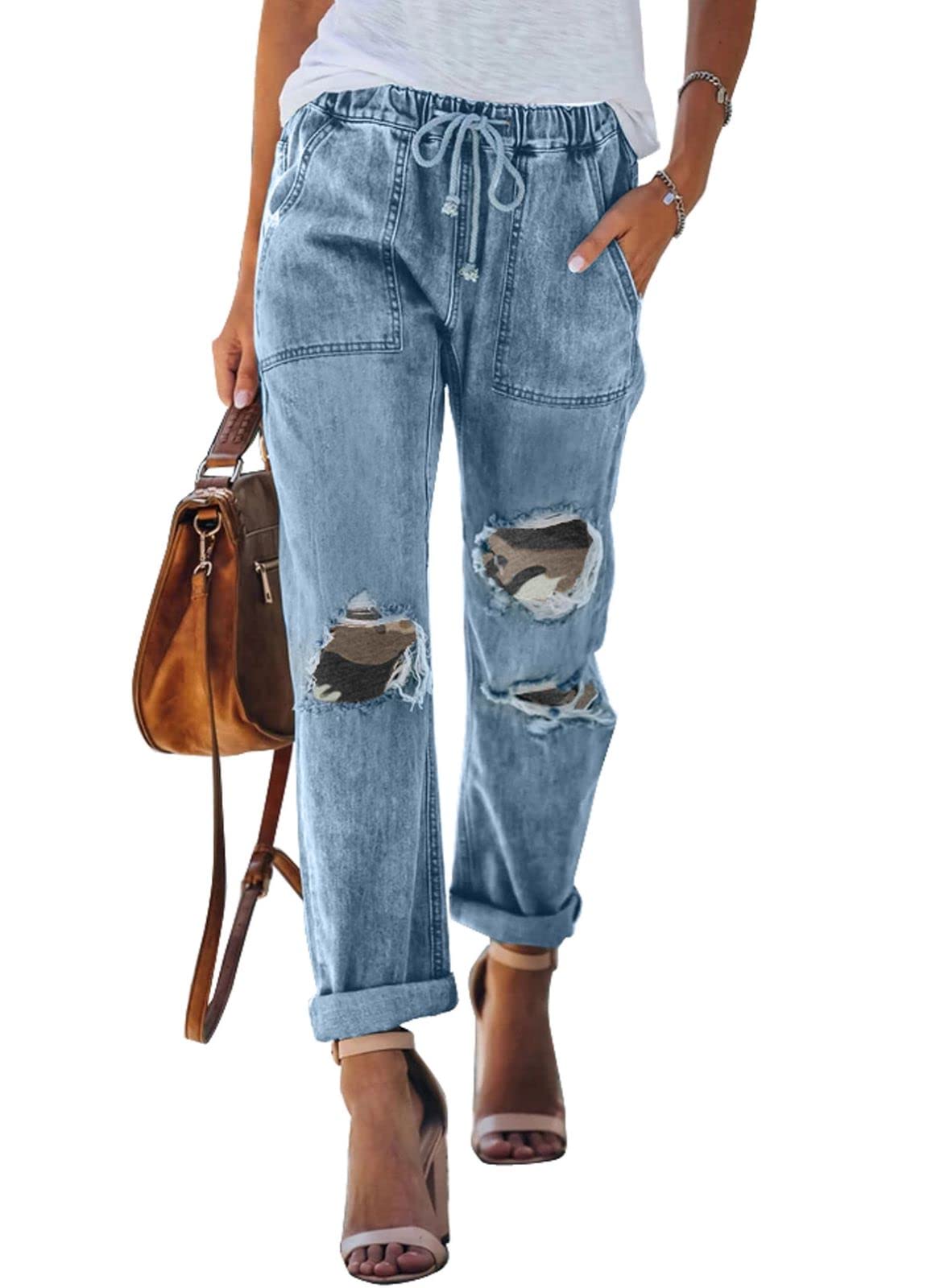 AstylishWomens High Waisted Ripped Jeans Casual Elastic Drawstring Distressed Patchwork Boyfriend Denim Pants