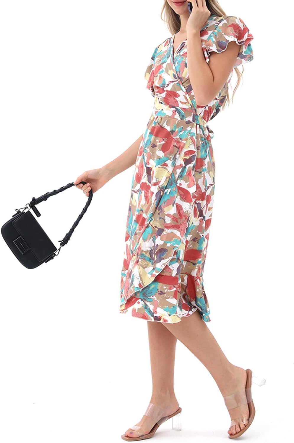 Women's Summer Wrap Maxi Dress Casual Boho Floral V Neck Short Sleeve Ruffle Hem Split Beach Long Dresses - Image 6