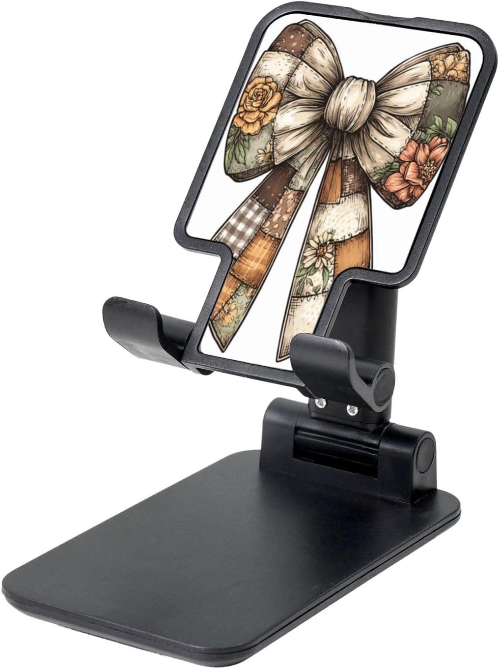 Vintage Bow Bow Fabric Patches Autumn Floral Foldable Cell Phone Stand Adjustable Angle Height Desktop Portable Cellphone Cradle Compatible with All Smartphone