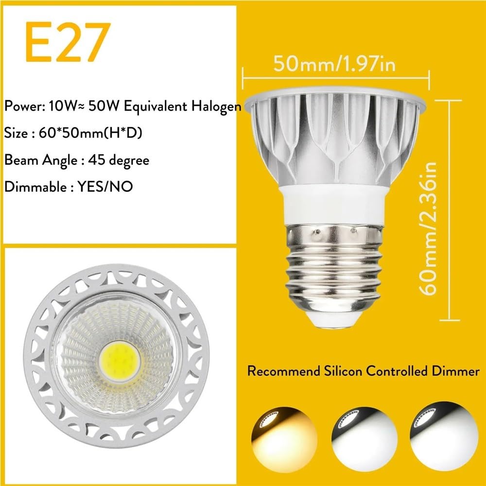RZL Lighting, Confezione da 10, Lampadine Faretto LED COB AC220V GU10/E27/GU5.3 5W Dimmerabile Angolo del Fascio di 45 Gradi Decorazione for la Casa Lampada con Copertura in Vetro(Warm White,E27)