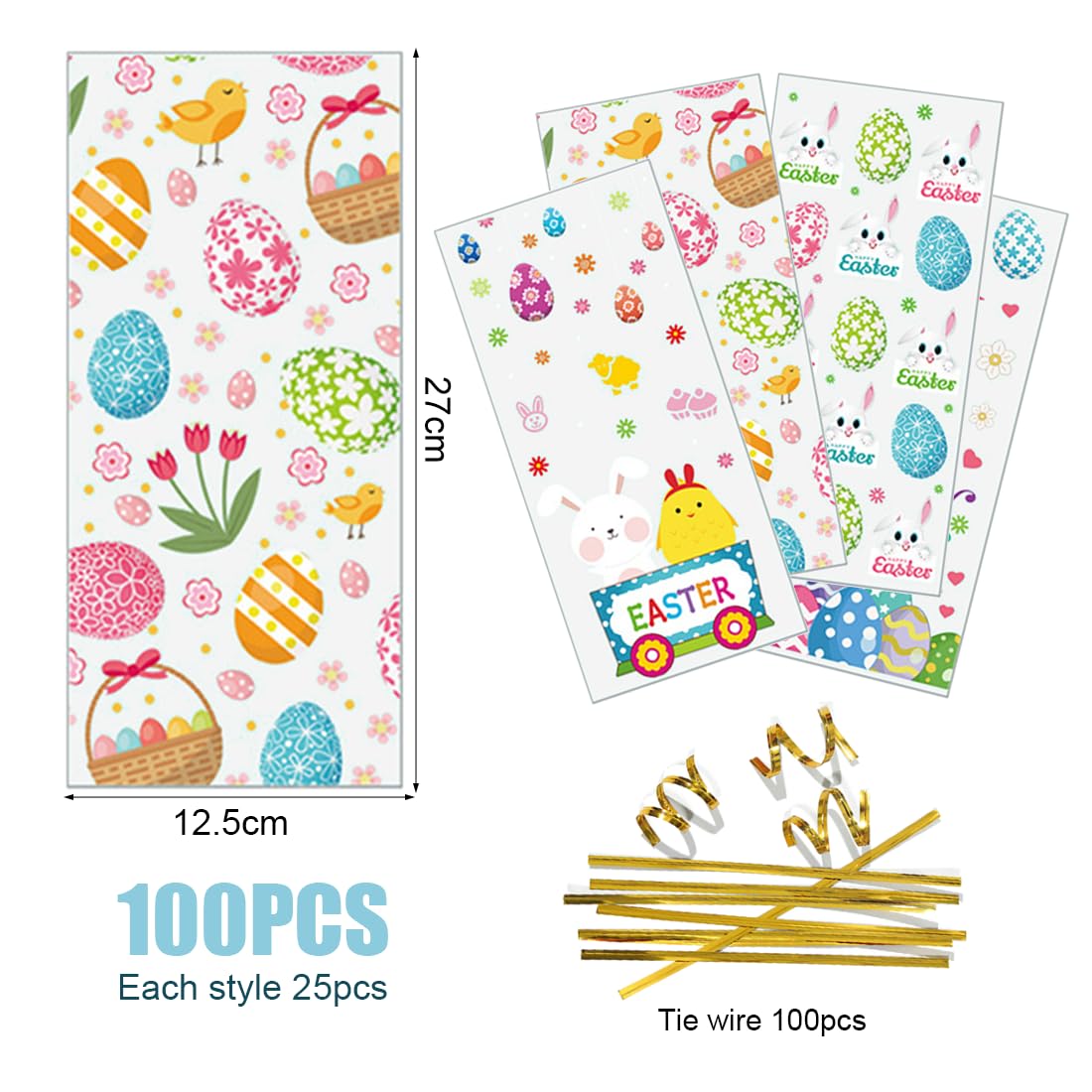 100 Sachets En Cellophane De Pâques, Sachets Cadeaux Avec 100 Attaches