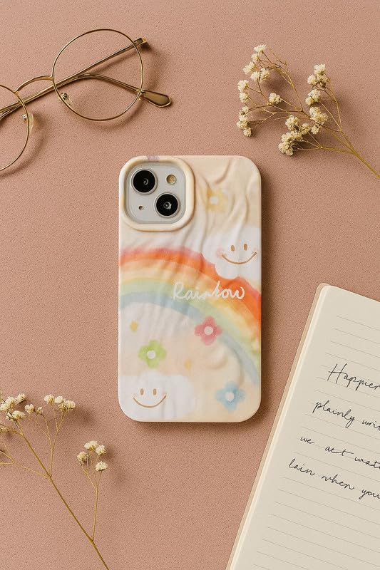 Image of COVERLY for iPhone 15 3D Rainbow Wonderful Day Smile Cloud Wrinkle Phone Case, Luxury Texture Trendy Retro Cute Happy Vibes VIBGYOR Artistic Cool Design -Aesthetic Princess Cover for Apple iPhone 15