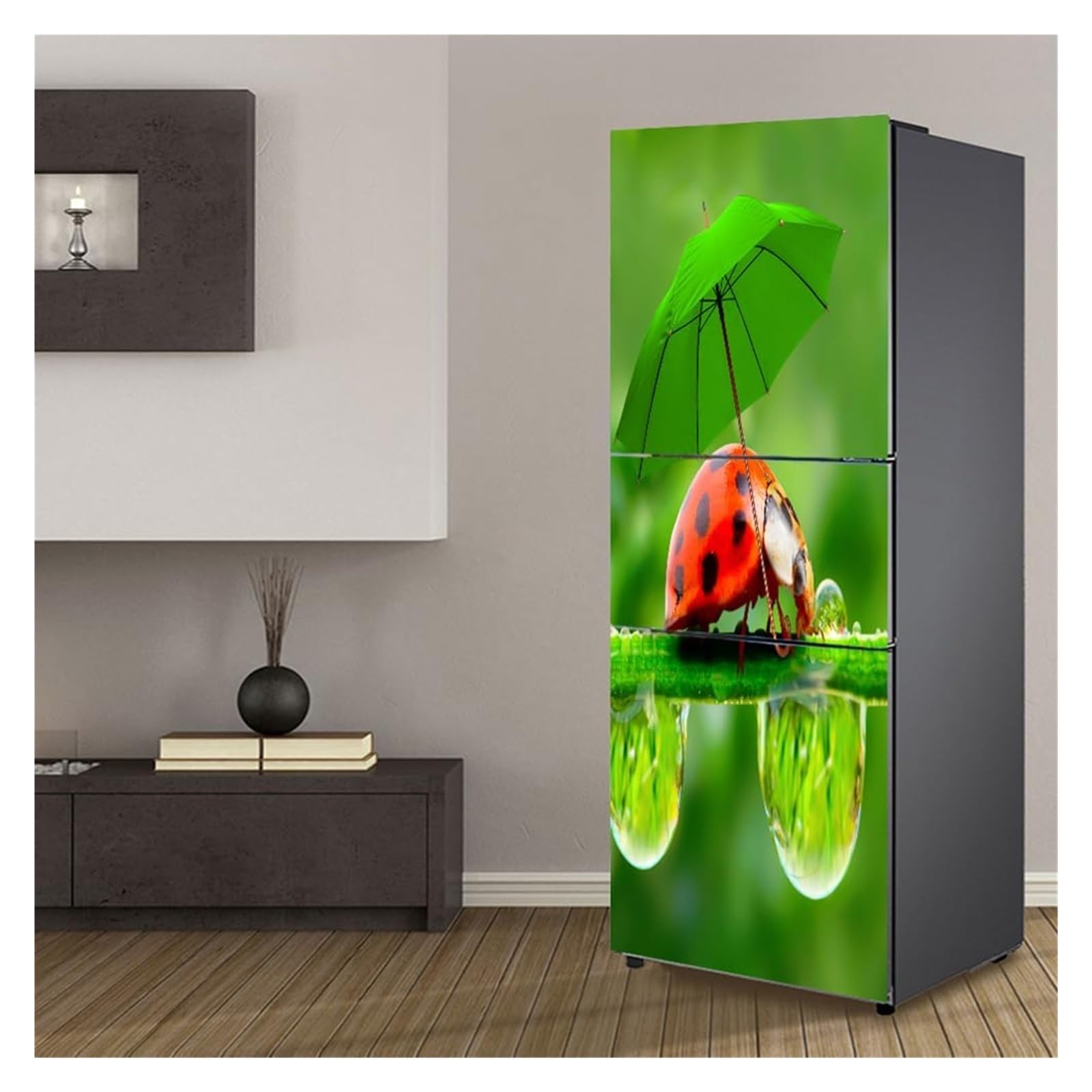 GDHKDDFL Minimalist, luxury-inspired fridge decals, Freezer Skins Wall Stickers for Kitchen Decal, Ladybugs with Green Umbrella(S: 60x150 cm)