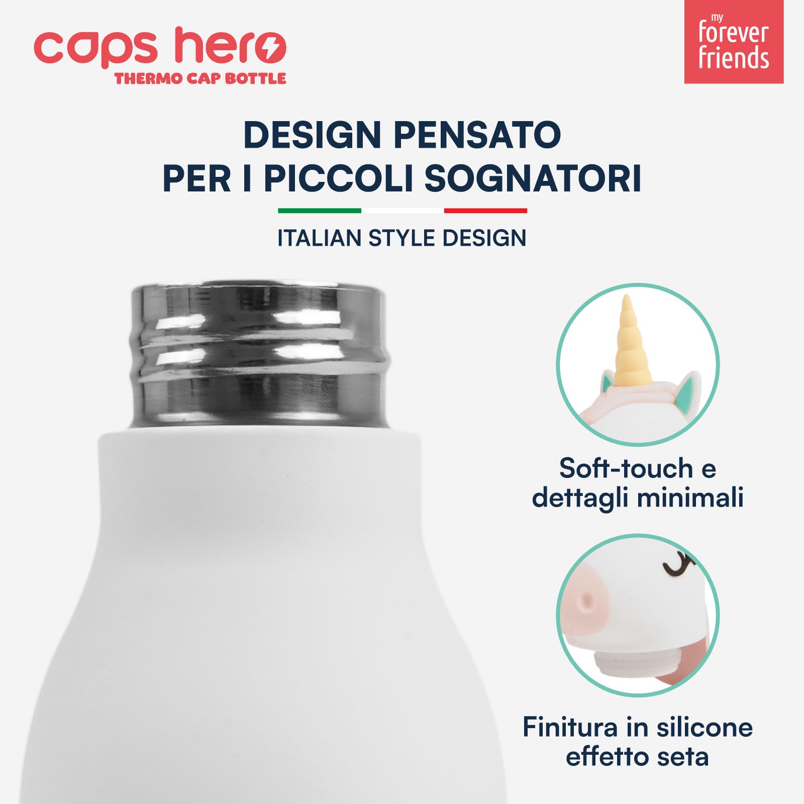 Borraccia Termica per Bambini Acciaio Inox Senza BPA 520ml - CapsHero Unicorno Unicorn Una - Riutilizzabile Antiodore con Doppia Parete 230x70mm - Caldo 12h Freddo 24h - Collezione My Forever Friends