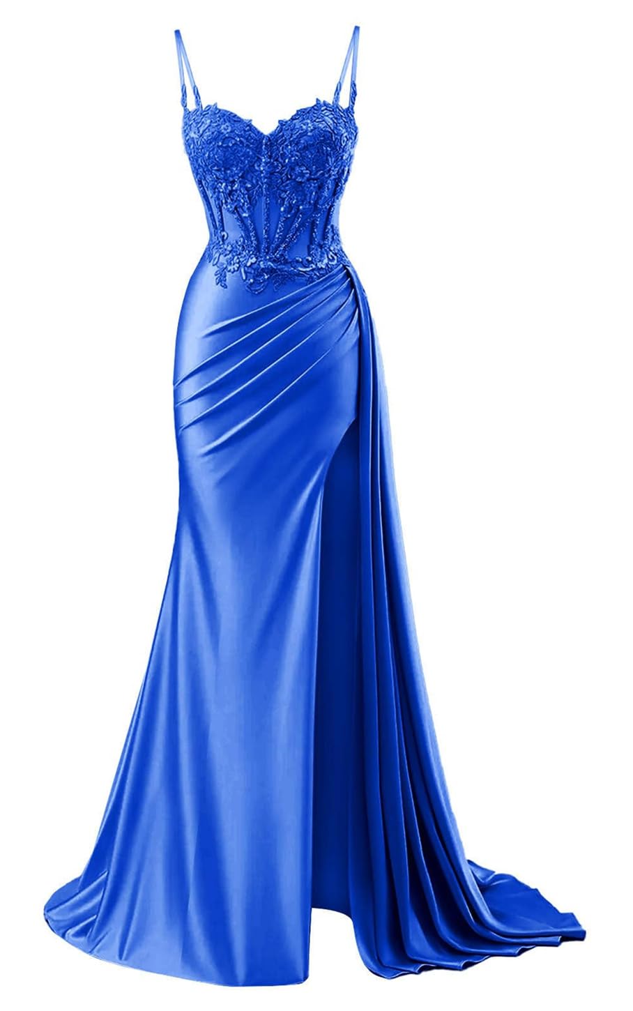 Yiann Women's Royal Blue Lace Applique Satin Prom Dresses For 2025 With Slit Corset Mermaid Formal Dress Long Ball Gown Uk18