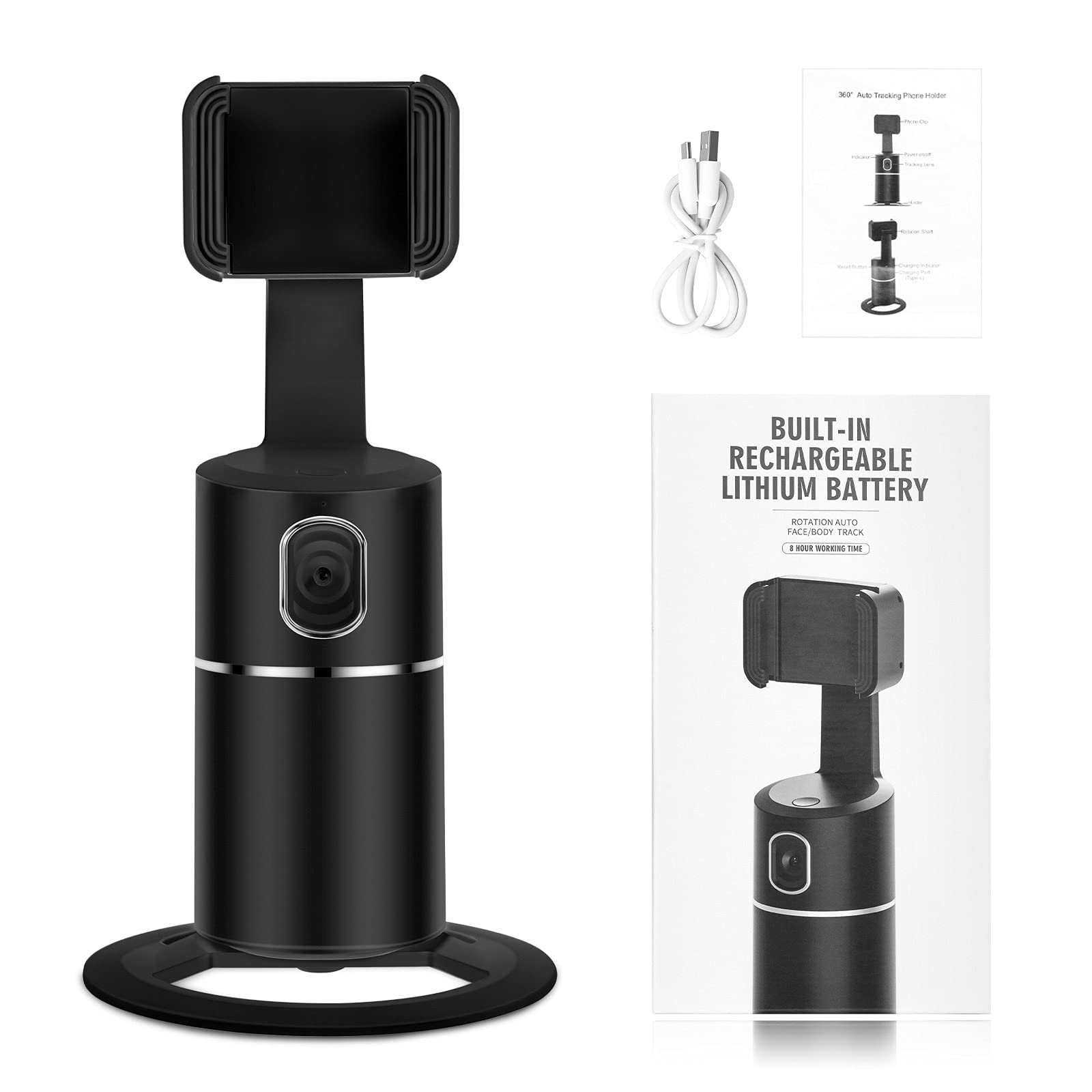 T2 Phone Holder with AI Auto-Tracking, No App Required Build-in Battery for 8H Runing-time 360° Rotation Phone Tripod for TikTok Vlog Live Streaming YouTube Video Selfie (Black)