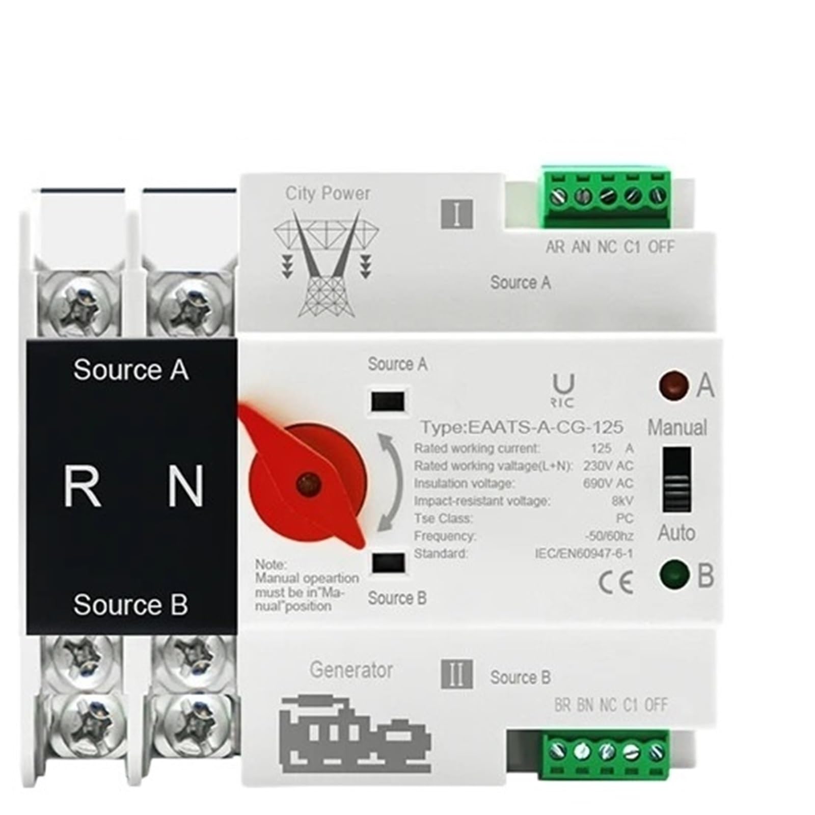 Interruttore di trasferimento automatico a doppia alimentazione 2P 4P 125A CA 110V 230V ATS PV Interruttori di selezione elettrica Alimentazione ininterrotta Din Rail