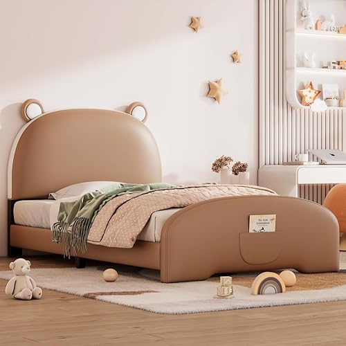 Miniatura 3 de Cama de plataforma tamaño individual, moderna cama infantil tapizada en forma de oso de dibujos animados con cabecero y estribo para habitación de