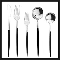 Vista 1 de Juego de cubiertos plateados, 30 piezas, mango negro y espejo plateado 304, juego de cubiertos de acero inoxidable 304, juego de cubiertos