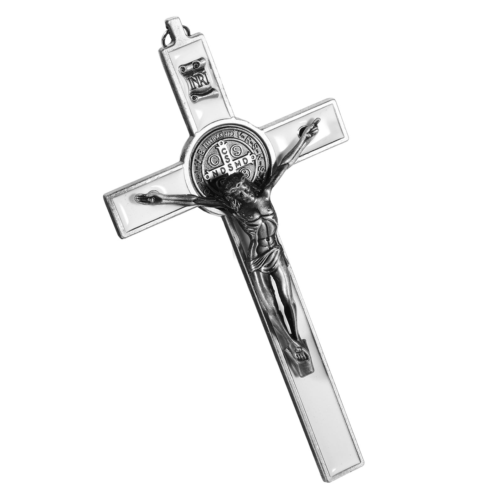 ANDRESLAD Vintage Metal Crucifix Wall Cross, Traditional Catholic Christian Wall Hanging, Grey and White Home Religious Decor for Living Room and Office