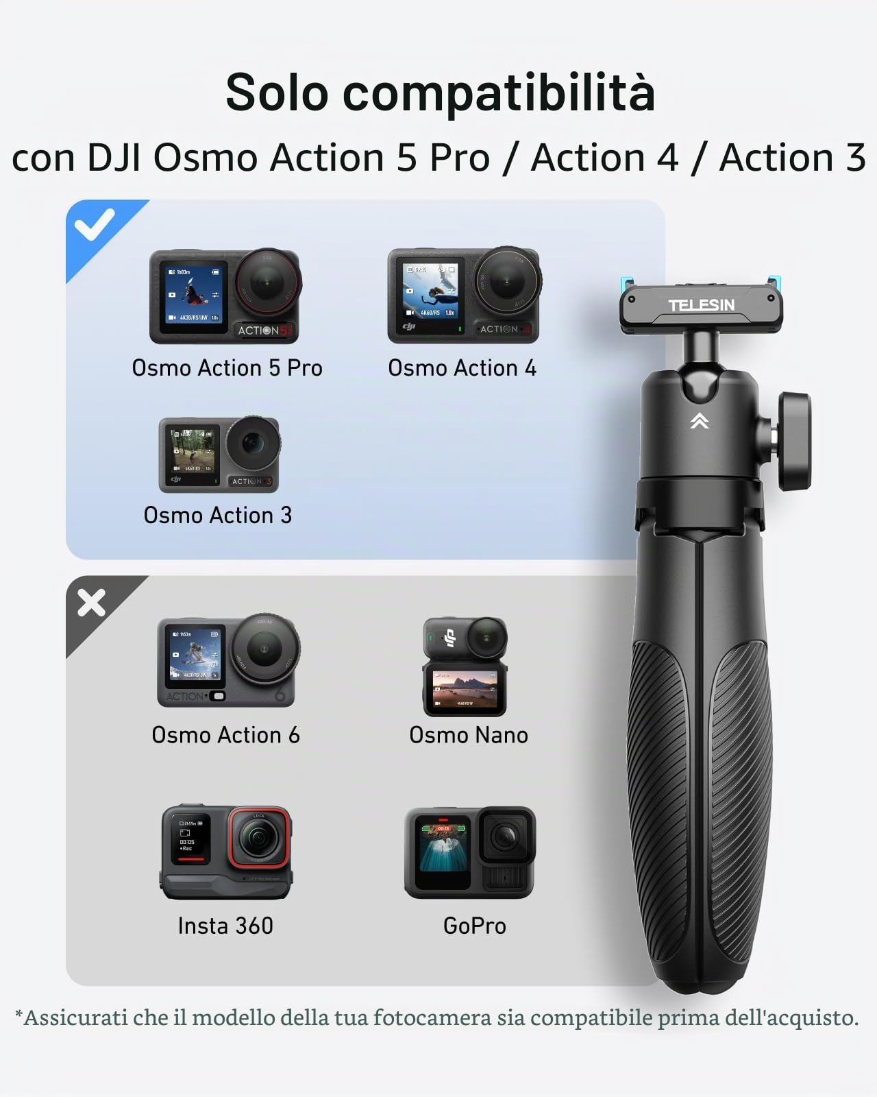 TELESIN 40cm Mini Selfie Treppiede, Selfie Treppiede con Magnetica Sgancio Rapido, Portatile Monopiedino Impugnatura per Vlog, Palo Estendibile Regolabile 360° per DJI Osmo Action 5 Pro/4/3
