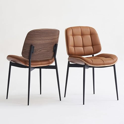 Miniatura 3 de Sillas de comedor modernas de mediados de siglo con respaldo de grano de nogal, juego de 4 sillas de comedor de cuero sintético marrón, sillas de