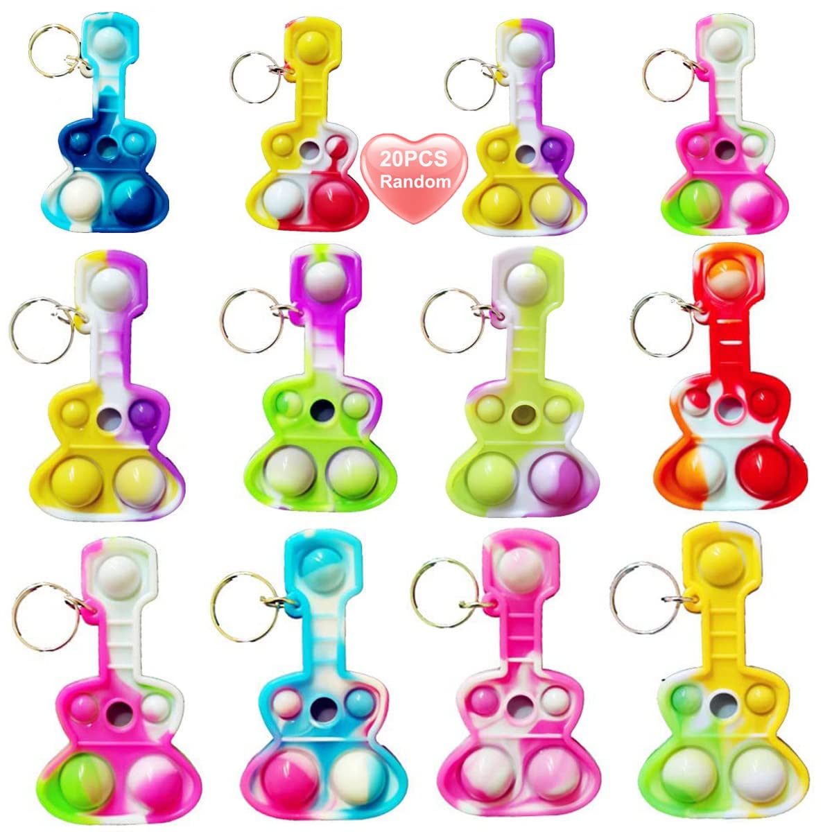 Goodangie00 20 Packs Rainbow Bulk Music Mini Pop Guitar Bubble Fidget Keychain Gift for Easter Kids Boys Girls Beach Party Favors and Classroom Student Prize