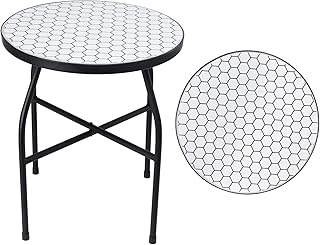 VCUTEKA Mosaic Outdoor Side Table, Round Rustproof Patio Table with 14" Ceramic Tile Top, Indoor Porch Accent Table for Yard, Garden, Living Room, Bistro Balcony, White