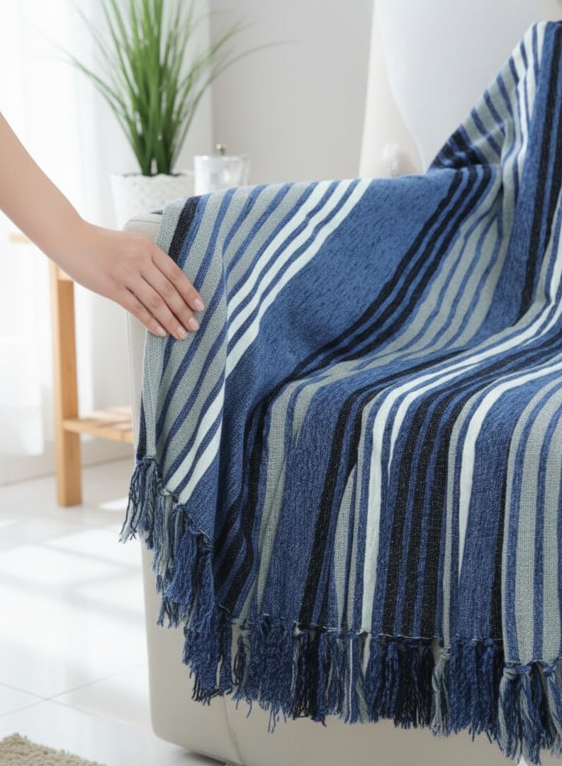 Hakam Original Pastel Harmony Pure Chenille & Cotton Sofa Throw with Fringe for Living Room, Bedroom, Sofa & Chair | 140x180 Cms | Multicolour - Pack of 1-image-22