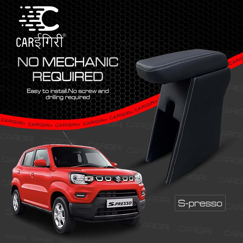 Image of Carigiri Premium Finish Car Armrest with Storage Box And High Density Moulded Foam For Maruti Suzuki S.Presso (Black With White Double Stitching,Nappa Leatherette)