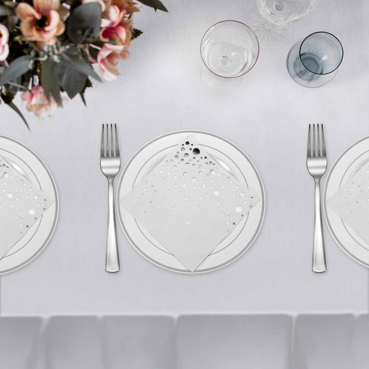 Stylish 7.5 Inch Silver Cake Plates with Disposable Forks and Cocktail Napkins (100 Set) - Small Appetizer Plates - Silver Plastic Dessert Plates - Plastic Cake Plates for Wedding Reception - Image 4