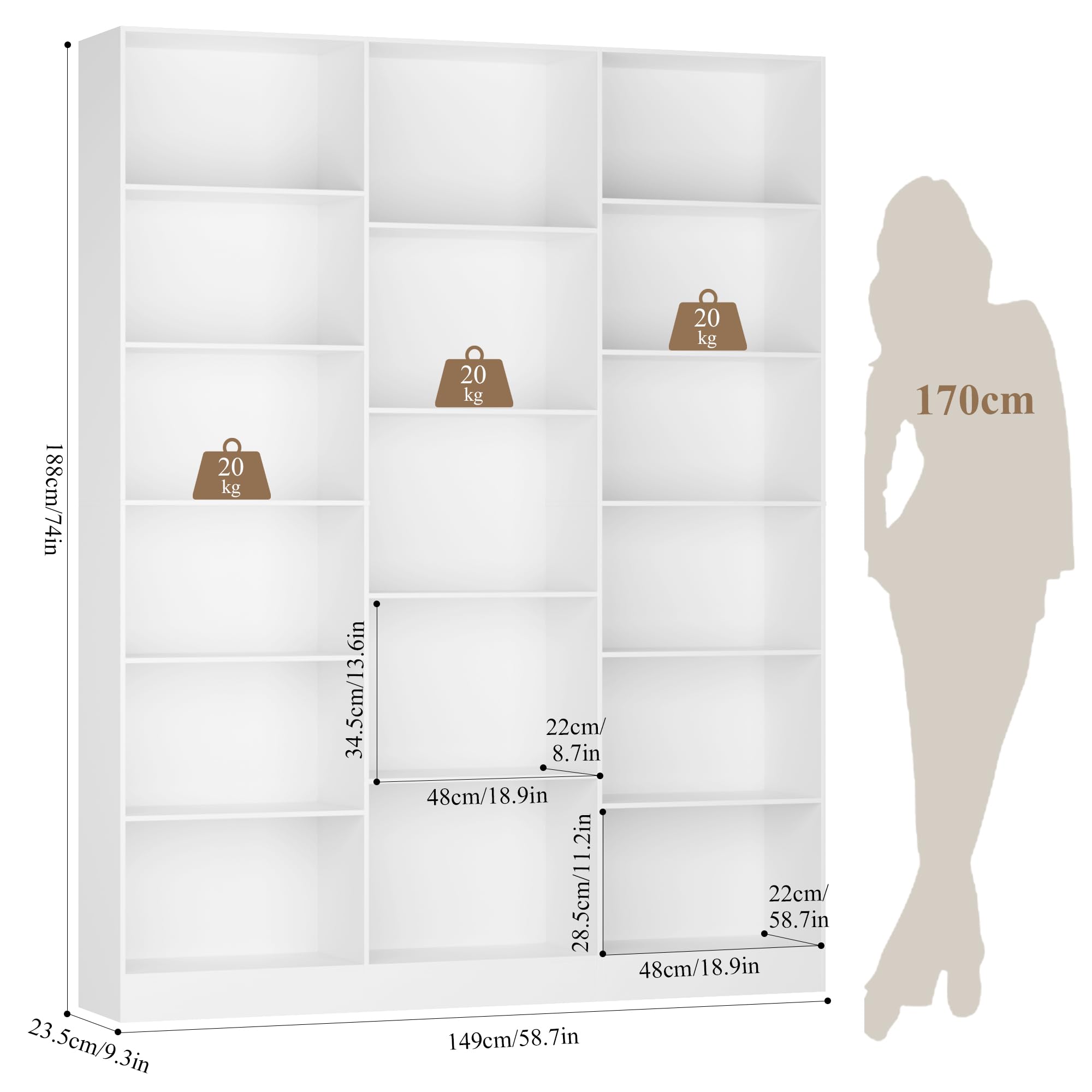 FirFurd Bibliothèque 188cm Bibliotheque avec 17 Étagères de Rangement Bibliotheque Meuble de Rangement pour Salon Bureau Cuisine Chambre 149x23.5x188cm Blanc
