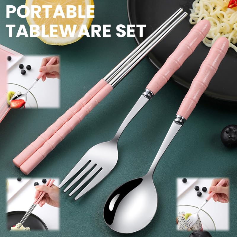 Image of ZIBUYU 3Pcs Chopsticks Spoon and Fork Set with Case Pink Portable Cutlery