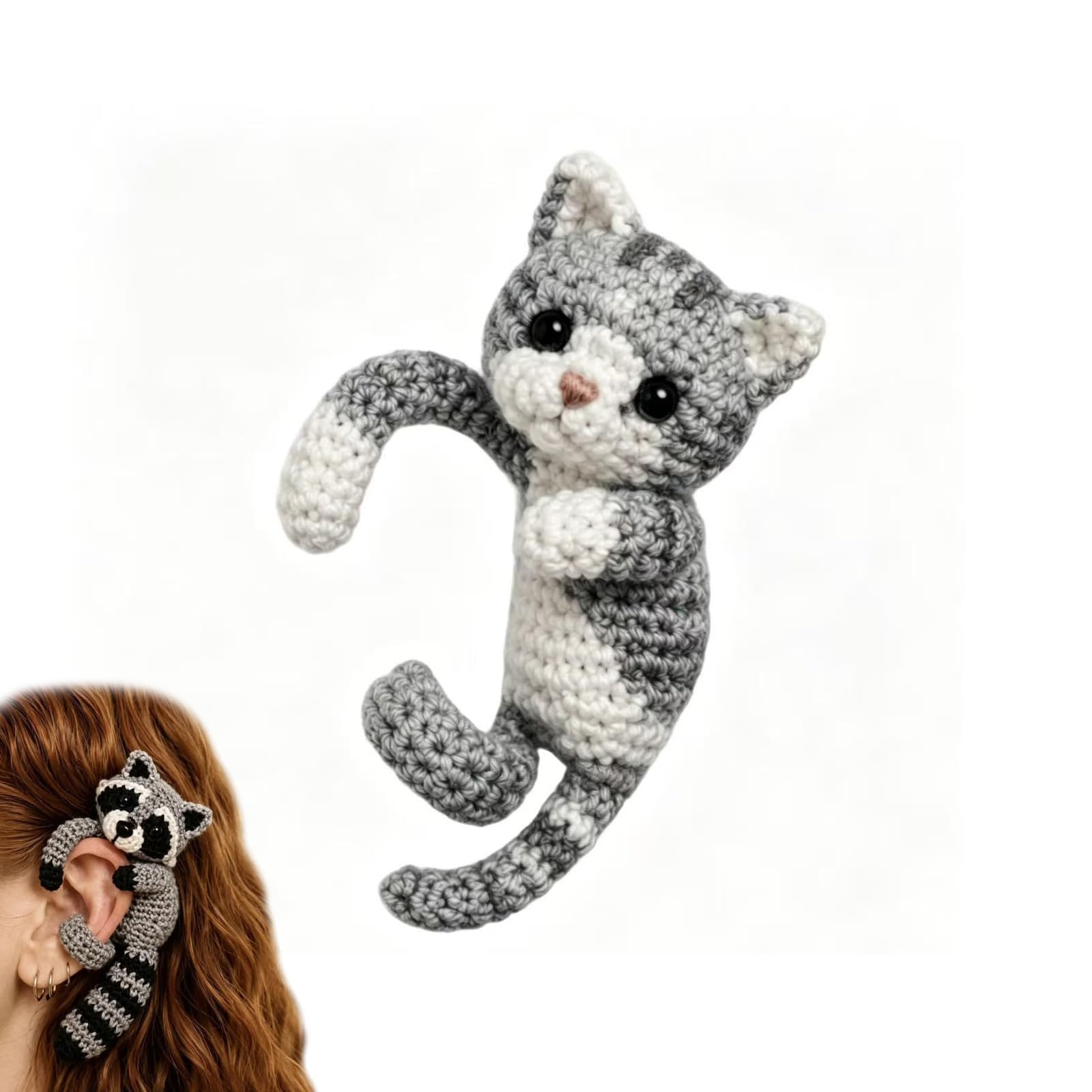 Crocheted Animal Ear Cuffs, Handmade Soft Knit Ears Hug Earrings Jewelry, Cute Raccoon Fox Cat Dog Ear Wrap Climber, No Piercing Costume Accessory Gift (#A)