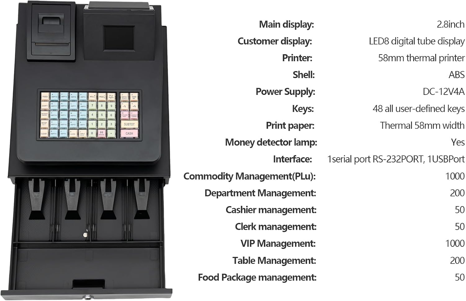 Registratore di Cassa Pos per Piccole Imprese E Ristoranti, Elettronico con Cassetto Contanti, 200 Reparti, 1000 Articoli, 30 Tipi di Pagamento, Compatibile con Scanner, Black