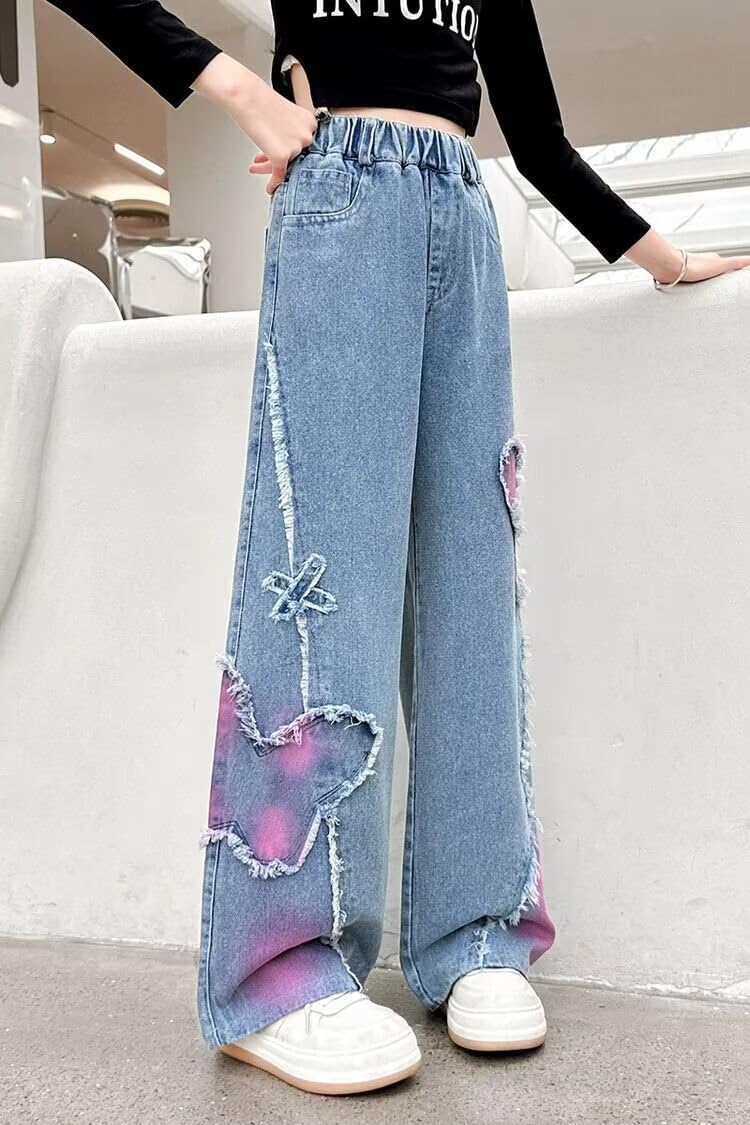 Girls Wide Leg Jeans Denim Elastic Wasit Baggy Ripped Distressed Pants - Image 2