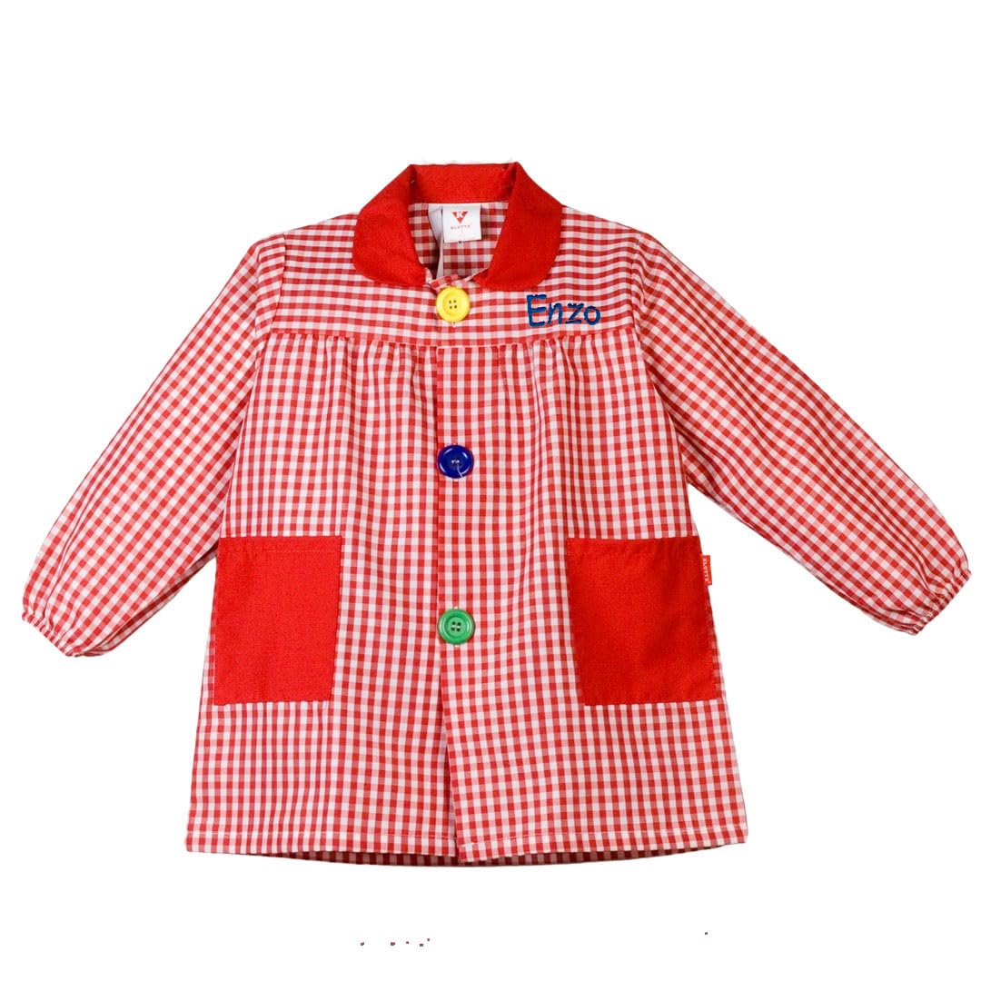 Babi Colegio Nombre Bordado Personalizable. Bata Escolar con Botones para Personalizar con Nombre Bordado. Fabricado en España.Talla 6. Color Rojo